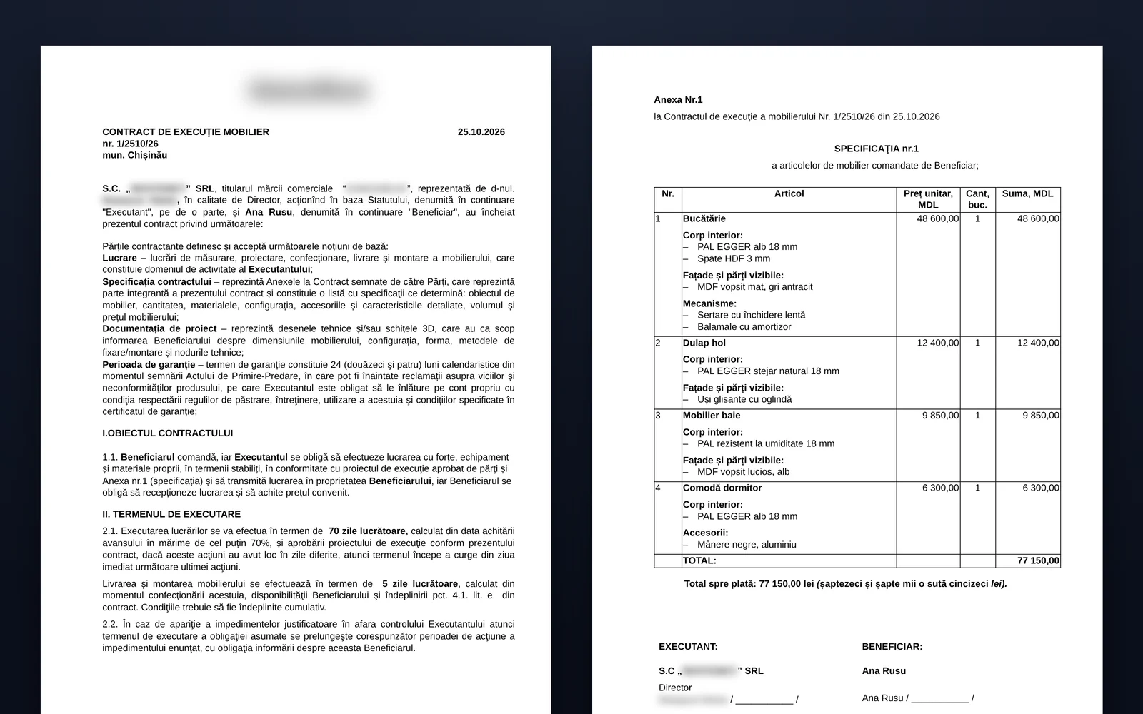 Contract generat de aplicație pentru un client demonstrativ: prima pagină și Anexa 1 cu pozițiile, totalul și suma în litere. Datele firmei sunt estompate.