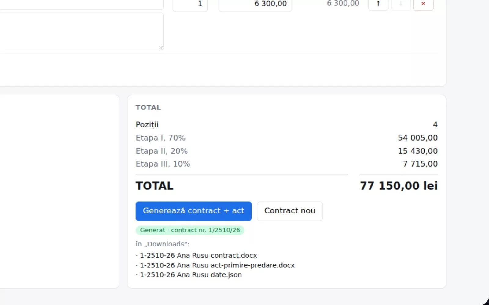 Recording of the real generator with demo data: the offer is imported, the price without “MDL” gets a warning, then the contract and the handover act are generated