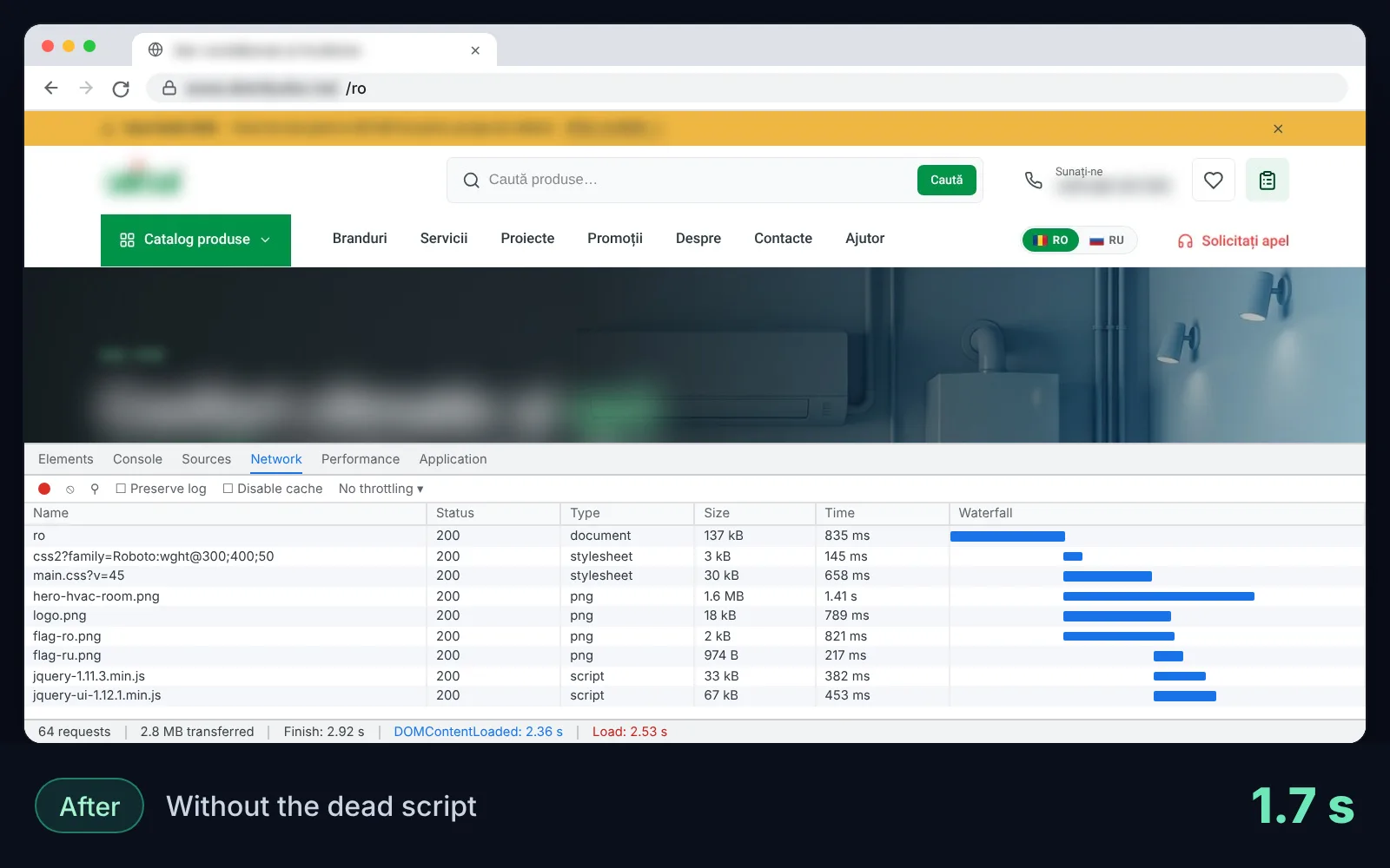 Reconstruction on the real site: the page stays blank until a dead third-party script times out, network analysis shows it, then the page loads normally without it