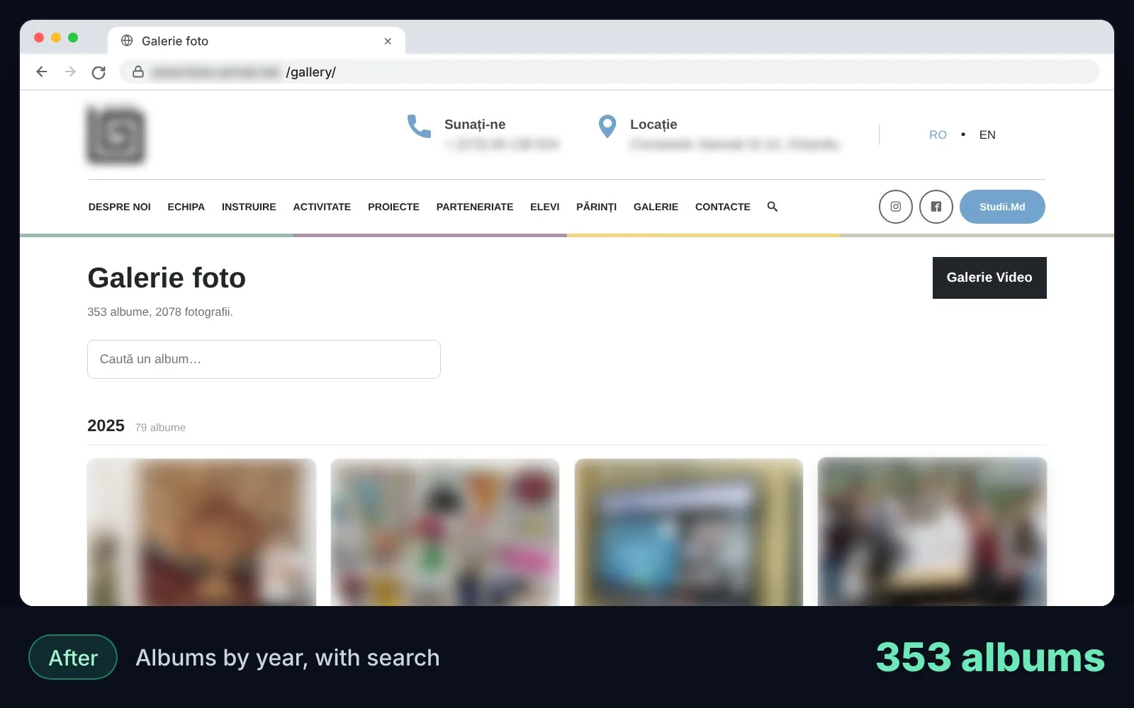 Before, reconstructed: all 2,078 photos on one page, only the first 20 load and the page never finishes loading. After: the new gallery, with albums by year. Photos and album titles are blurred.